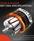 Close-up of replacement alternator rotor and stator for Dodge Ram, showcasing 100% copper winding, stable power supply, and OEM specs.