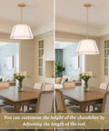 16" White and Gold Drum Pendant Light with Metal Lantern Fabric Shade in a dining area, customizable height, elegant design.