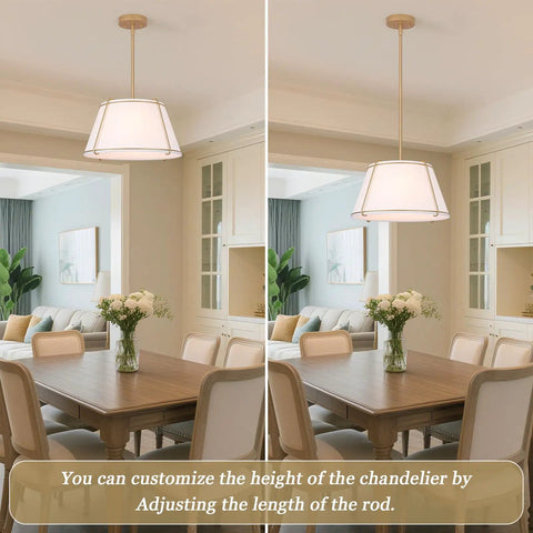 16" White and Gold Drum Pendant Light with Metal Lantern Fabric Shade in a dining area, customizable height, elegant design.