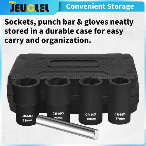 Twist Lug Nut Socket Set One Half Inch Drive Damaged Nut Lock Remover And Extractor Kit with case and 17mm 19mm 21mm sockets.