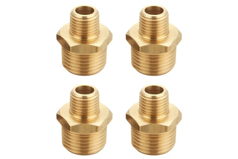 Brass Reducing Hex Nipple Set One Quarter Inch NPT Male To One Half Inch NPT Male, Threads Fit One Half Inch OD, Four Piece Set