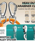 Heavy Duty Dog Runner Trolley System With 100 Ft Zip Line, Dual 10 Ft And 15 Ft Tie Outs For Large Dogs Up To 250 Lbs, Chew Proof Run Cable close-up of carabiner clips and pulley system