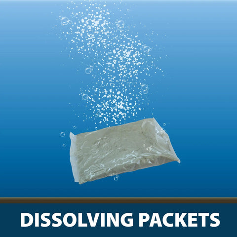Easy To Use Beneficial Bacteria Pond Clarifier Packets For Clear Water, 12 Count, Fast, Lasting Results With A No Fuss Dose For Your Pond And A Cleaner, Healthier Ecosystem packet dissolving in water