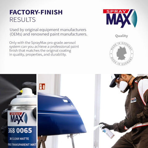 SprayMax 2K Matte Clear Coat spray can (11.2 oz) for automotive use; technician applying matte finish.