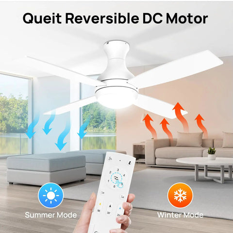 Low Profile 52 Inch Ceiling Fan With LED Lights No Sweat Remote Control Quiet Reversible DC Motor in modern living room