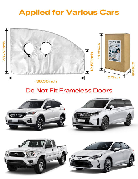 Portable Car Window Air Conditioner Kit With Magnetic Seal And Rainproof Drawstring showing dimensions and compatible cars
