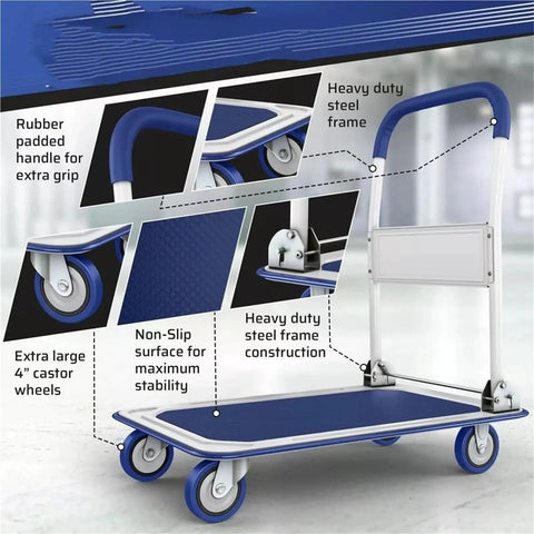 Rugged Folding Hand Truck With Wheels, 330 Lb Capacity, Portable Cart For Easy Moves At Home Or In The Warehouse, steel frame, 4" casters