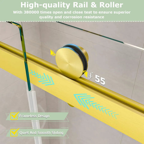High-quality rail and roller of Super Sleek Frameless Double Bypass Sliding Shower Door in Brushed Gold features a smooth slide.