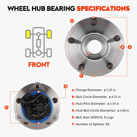 Front and side view of Front Wheel Hub Bearing Assembly Fits Malibu 2004 2012 Cobalt 2008 2010 HHR 2008 2010 Pontiac G6 2005 2010 Saturn Aura 2007 2009 5 Lug With ABS Replacement 513214 1 Piece.