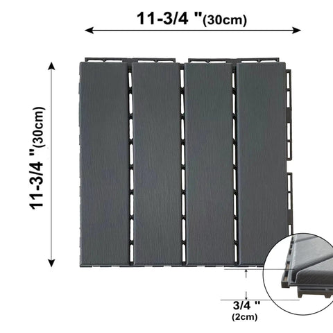 36 Sq Ft Interlocking Deck Tiles Pack Of 36 Waterproof Outdoor Flooring 12x12 In All Weather Dark Grey top view with dimensions