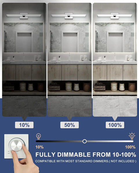 24 Inch LED Vanity Light Fixture With 16W 6000K Cool White Dimmable Over Mirror Bathroom Lighting in dimming stages