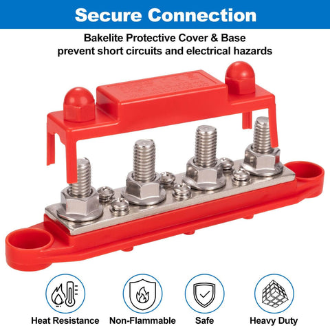 Beefy 12V 24V 48V Power Distribution Block Bus Bar With Four M10 Terminal Studs And Six M4 Screw Terminals shown with cover