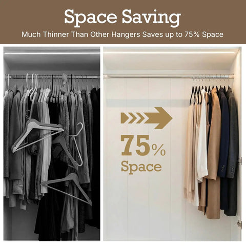 Comparison of filled and empty closets with 75% space saving using Black Velvet Non Slip Hangers 60 Pack Heavy Duty Clothes Hangers