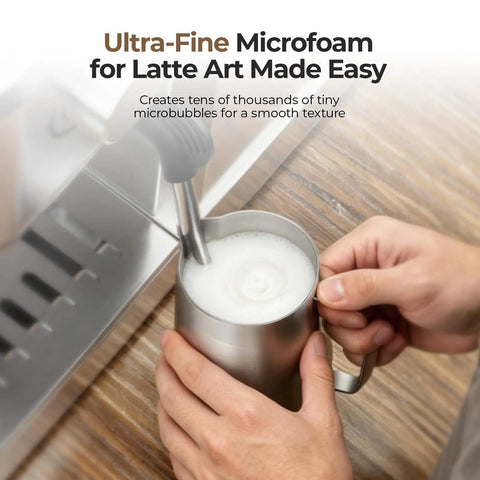 Top Shelf One Touch Espresso Machine With Smooth Milk Frother And Instant Cold Brew Maker creating microfoam for lattes.
