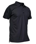 Men's Black Quick-Dry Polo Shirt For Work And Tactical Use, Short Sleeve With 3-Button Placket, Spread Collar, Sunglasses Loop Visible