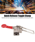 Heavy Duty Stainless Steel Quick Release Toggle Clamp With Ergonomic Plastic Handle For Adjusting Push Pull Latch That Secures Workpieces Up To 992lbs During Welding Or Assembly Tasks Without Slipping, with red handle.