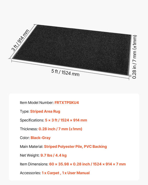 Workhorse Front Door Mat 5 by 3 Feet Indoor Outdoor With PVC Backing Striped Industrial Carpet Washable Entry Rug for Hallways Balconies and Garages Grey, dimensions and color shown