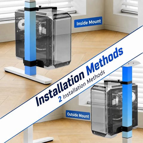 Slick Under Desk PC Mount Features A No Drill Hassle Setup For Standing Desks And Adjustable Workstations showing inside and outside mount options.