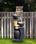 Four Bowl Outdoor Water Fountain With LED Lights Modern Polyresin Floor Fountain for garden, patio, with cascading bowls.