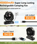 40,000mAh Battery Powered Camping Fan With Remote, 12-Inch Portable Personal Tent Fan, LED Lantern, charging setup