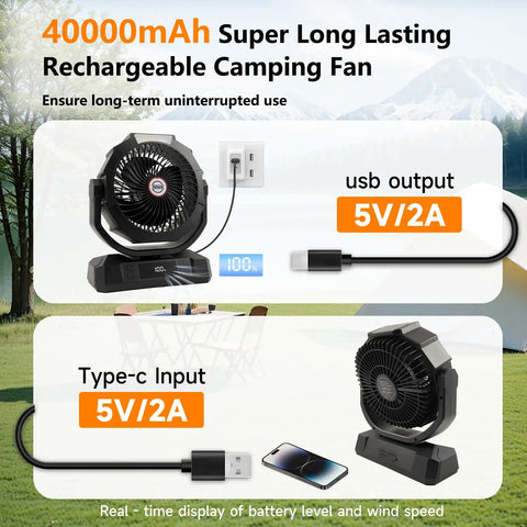 40,000mAh Battery Powered Camping Fan With Remote, 12-Inch Portable Personal Tent Fan, LED Lantern, charging setup