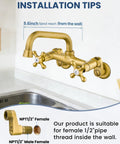 Wall Mount Kitchen Faucet with 6 Inch Spout Dual Handles Hot And Cold Water Mixer Tap 360 Degree Swivel Antique Brass Finish