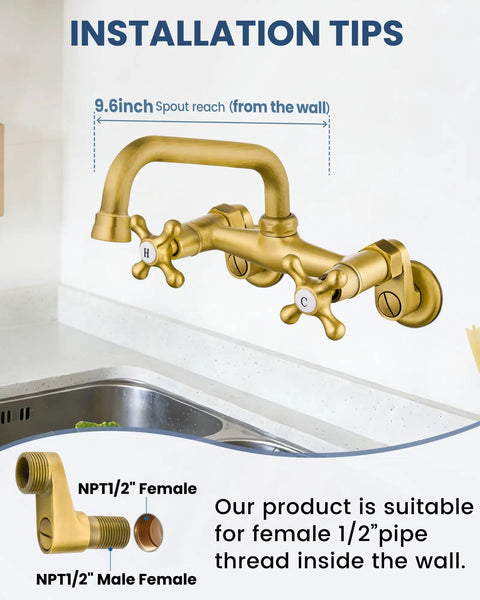 Wall Mount Kitchen Faucet with 6 Inch Spout Dual Handles Hot And Cold Water Mixer Tap 360 Degree Swivel Antique Brass Finish