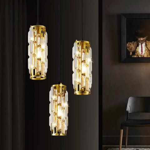 Three Light Crystal Pendant Light Fixture With Bulbs Included Brushed Brass Island Pendant For Kitchen 60-Inch Adjustable Cord