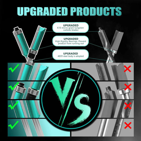 Comparison of upgraded K10 tungsten carbide bits in 8 Piece Router Bit Set With 4 Flush Trim Bits And 4 Pattern Flush Trim Bits