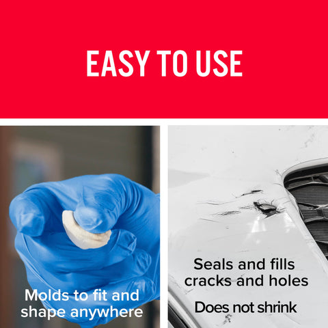 PlasticWeld Two Part Epoxy Putty for Plastic Repair, 2 oz kit shown molding and repairing auto bumper damage.