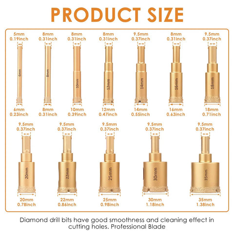 Hefty 12 Piece Diamond Hole Saw Kit With Full Drill Bit Set Designed For Smoothly Drilling Ceramic Tile Glass And Brick Tough Core Bits - Product size chart of 12 diamond drill bits.