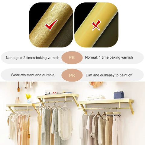 Top Shelf Wall Mounted Clothing Rack System Kit Crafted from Rock Solid Wrought Iron Pipes and Rugged Pine Boards for Boutique or Main Street Closets That Can Take Some Serious Wear and Tear, featuring two types of finishes.