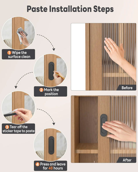 Installation guide for 2 Pack Self Stick Door Handles 4 Inch Aluminum Alloy Flat Finger Pulls Rust Resistant No Drill Cabinet Knobs