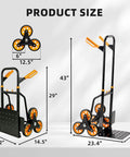 Heavy Duty Stair Climber Hand Truck Dolly With Dual Tri Wheel System For Stairs, 265 Lb Capacity, Foldable Steel Frame, Telescoping Ergonomic Handle, Smooth Roll On Steps And Uneven Surfaces, product size diagram with folded and open views