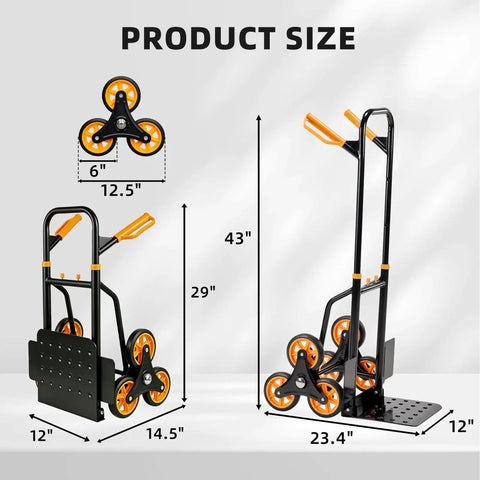 Heavy Duty Stair Climber Hand Truck Dolly With Dual Tri Wheel System For Stairs, 265 Lb Capacity, Foldable Steel Frame, Telescoping Ergonomic Handle, Smooth Roll On Steps And Uneven Surfaces, product size diagram with folded and open views