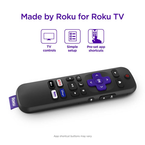 Replacement TV Remote For Roku TV Models Only With No Fuss Setup And Pre Set App Shortcuts Official Manufacturer Quality Remote Not For Roku Players Only shown with app shortcut buttons and purple directional pad.