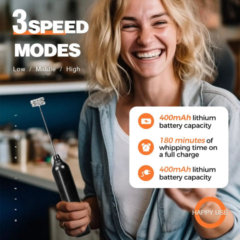 Woman smiling holding Rechargeable Handheld Milk Frother With USB Type C 3 Speed Adjustable Foam Maker For Coffee Nerds.