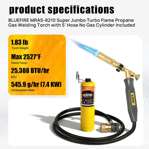 MRAS8210 Turbo Flame Propane Welding Torch With 5 Ft Hose, high intensity nozzle, and specifications displayed