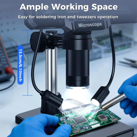 7 Inch LCD Digital Soldering Microscope With Remote And Side Lights High Clearance Stand For DIYers And Tweezers Access 1080P Live View For Precise Microsoldering On Tiny PCBs, shown over PCB