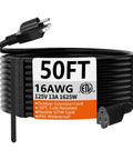 50 Ft Heavy Duty Outdoor Indoor Extension Cord 16 Gauge SJTW Waterproof 3 Prong Grounded 125V 13A 1625W ETL Listed