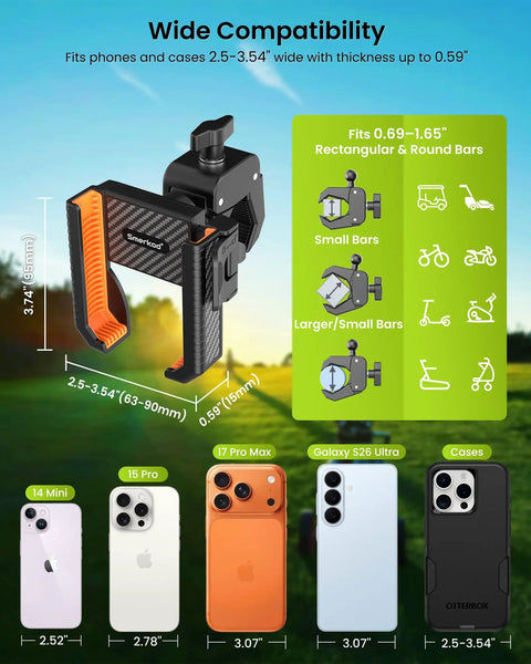 Heavy Duty Golf Cart Phone Holder Mount With 3 Second Clip Install And 1 Second Lock Release Secure Phone Clamp dimensions