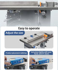Heavy Duty Right Angle Labeler With Slick PLC Touch Screen showing size adjustment and product placement features.