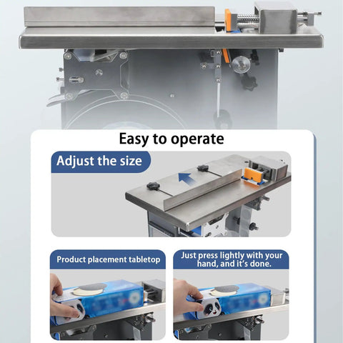 Heavy Duty Right Angle Labeler With Slick PLC Touch Screen showing size adjustment and product placement features.