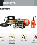 Electric Winch 1500 Lb Capacity With Remote Control, 110/120V AC Power, shown with galvanized wire rope and handheld controller.