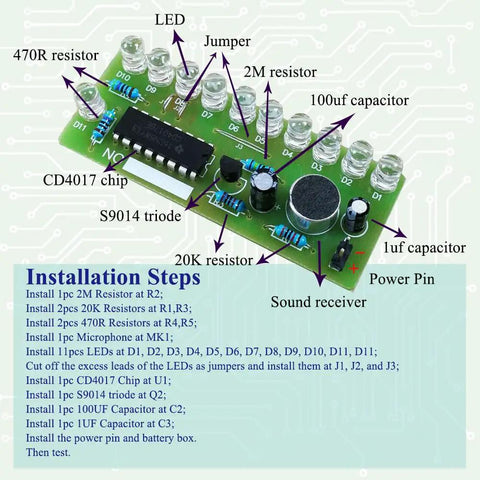 Colorful 10 LED Soldering Practice Board Kit For Teens And Adults, CD4017 Electronic DIY Project, Glass Fiber PCB with components