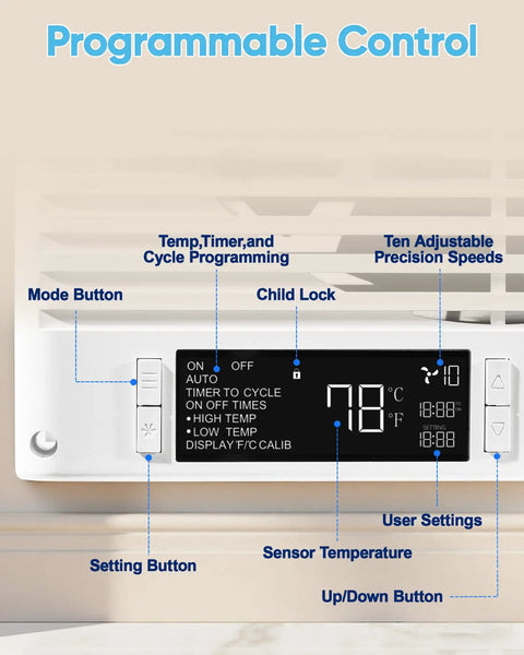 Front view of programmable control panel for 8 Inch Room To Room Through Wall Fan With Remote 320 CFM Air Transfer Quiet DC Motor 10 Speed