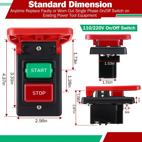 Kickass On Off Switch For Table Saw And Woodworking Gear Dual Voltage 120V 230V Single Phase Circuit Breaker Panel dimensions and buttons