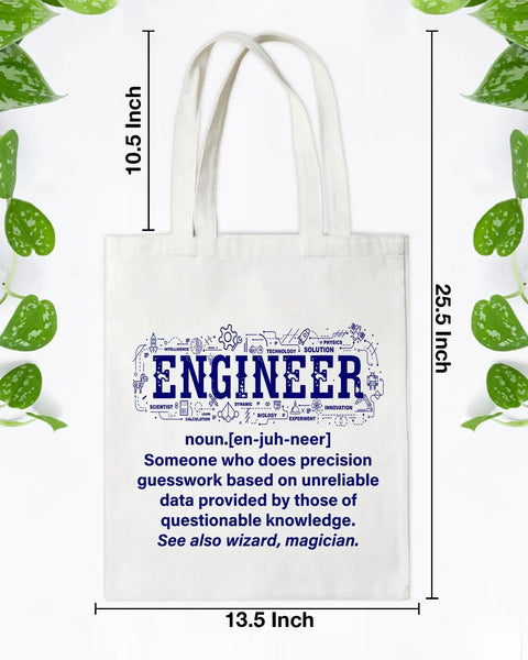 Canvas Tote Bag for Women Engineers Dope Reusable Grocery Shopping Work Travel Tote with Engineering Theme Gift White Durable Lightweight Everyday Carryall featuring engineering definition print in blue.