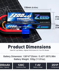 2 Pack 2S 7200mAh 7.4V 120C LiPo Battery Hard Case EC5 Connector dimensions display