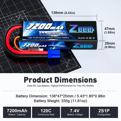 2 Pack 2S 7200mAh 7.4V 120C LiPo Battery Hard Case EC5 Connector dimensions display